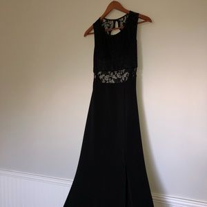 Black lace open back evening gown